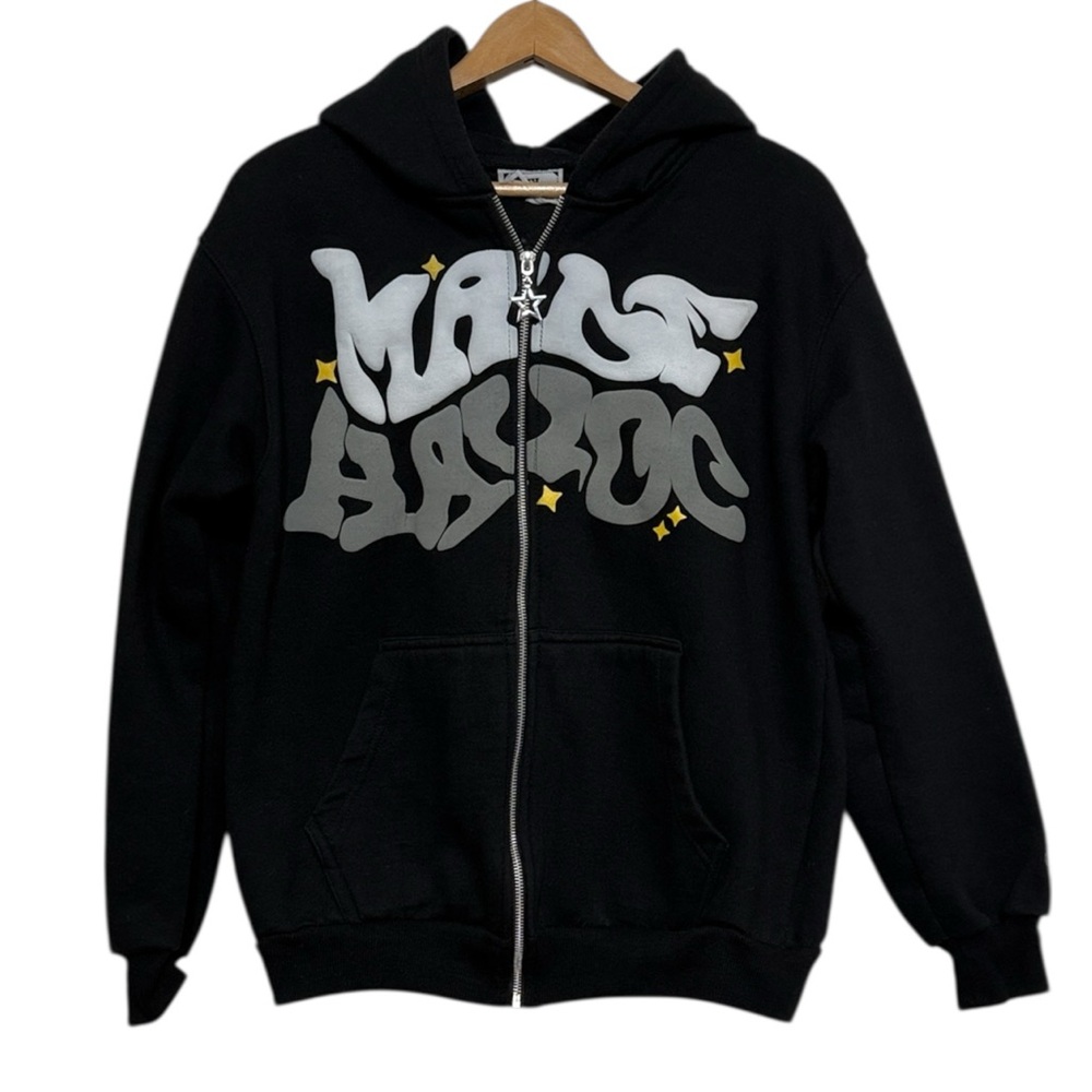 Made Havoc Zip Up Hoodie Men's Size Medium Black Bubble Print Hooded Y2K